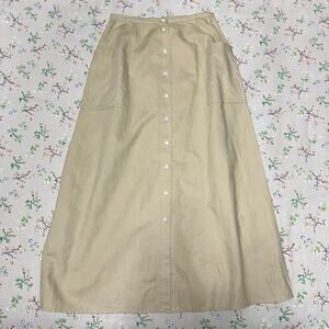 VTG Eddie Bauer Button Front Midi Skirt Linen Cotton Khaki Tan Sz 6 Pockets